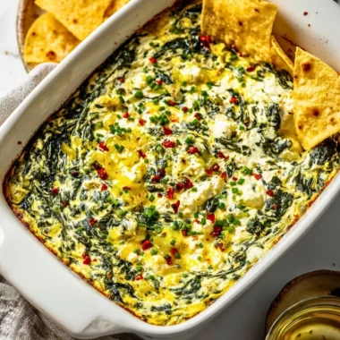 Delicious Spinach and Pepperoncini Baked Feta Dip served in a bowl
