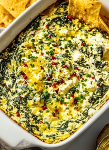 Delicious Spinach and Pepperoncini Baked Feta Dip served in a bowl