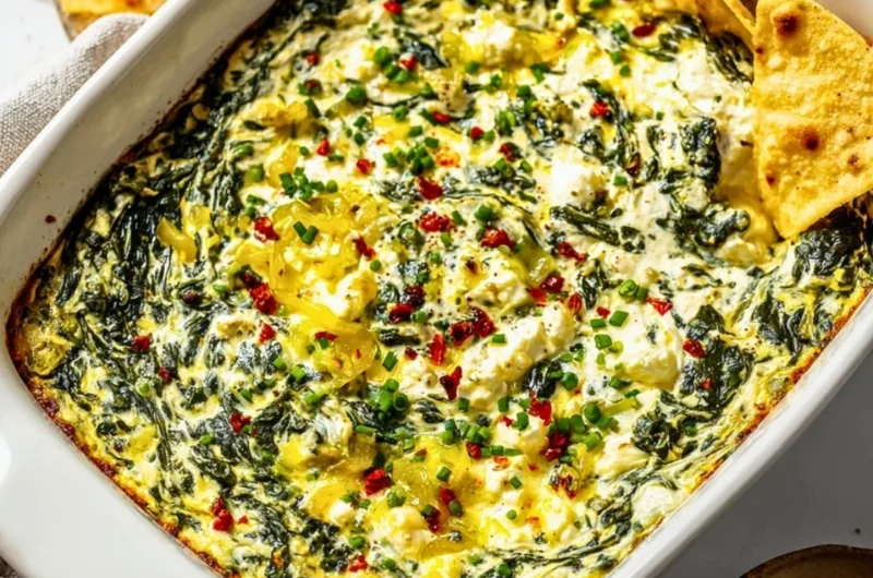 Delicious Spinach and Pepperoncini Baked Feta Dip served in a bowl