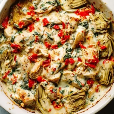 Delicious Spinach Artichoke Chicken Casserole bake garnished with herbs