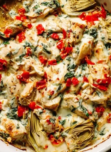 Delicious Spinach Artichoke Chicken Casserole bake garnished with herbs