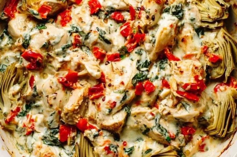 Delicious Spinach Artichoke Chicken Casserole bake garnished with herbs