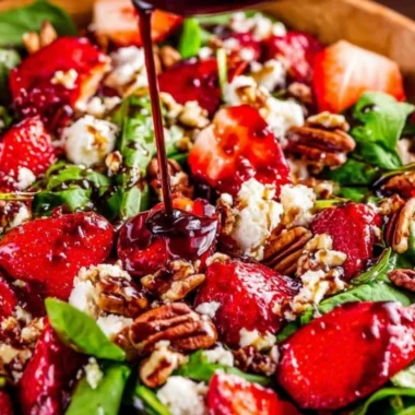 Spinach Strawberry Salad with Pecans garnished with fresh berries and nuts