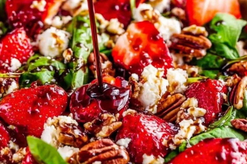 Spinach Strawberry Salad with Pecans garnished with fresh berries and nuts