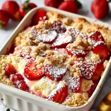 Delicious strawberry cheesecake dump cake served in a dessert dish