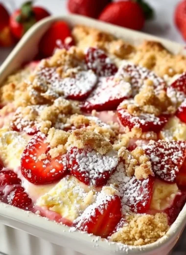 Delicious strawberry cheesecake dump cake served in a dessert dish