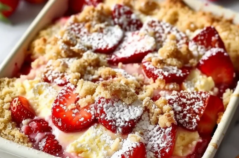 Delicious strawberry cheesecake dump cake served in a dessert dish