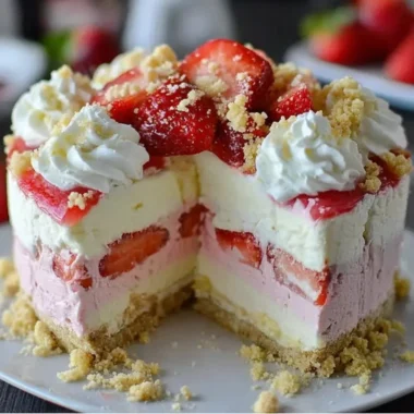 Delicious strawberry crunch cheesecake topped with fresh strawberries and crunchy bits.