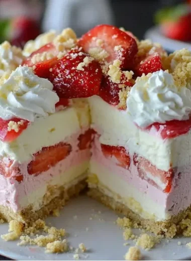 Delicious strawberry crunch cheesecake topped with fresh strawberries and crunchy bits.