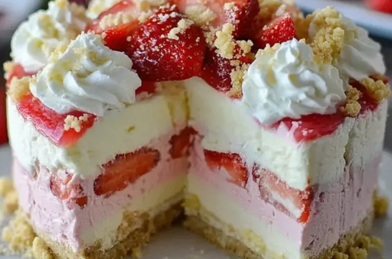 Delicious strawberry crunch cheesecake topped with fresh strawberries and crunchy bits.