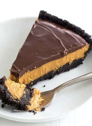 Delicious no bake chocolate peanut butter pie ready to serve