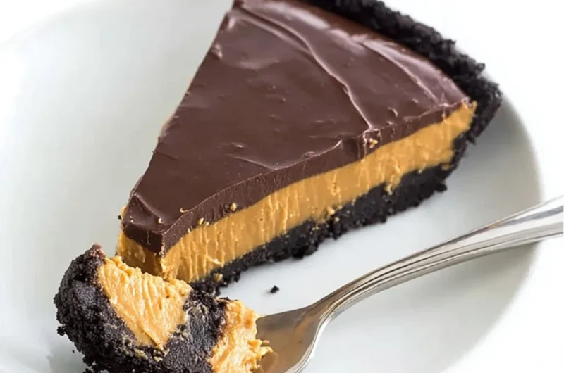 Delicious no bake chocolate peanut butter pie ready to serve