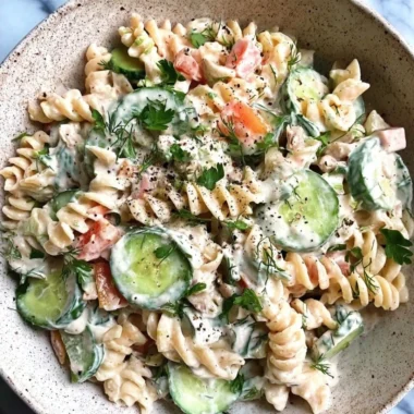 Delicious Tzatziki Pasta Salad with fresh vegetables and creamy dressing