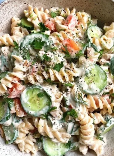 Delicious Tzatziki Pasta Salad with fresh vegetables and creamy dressing