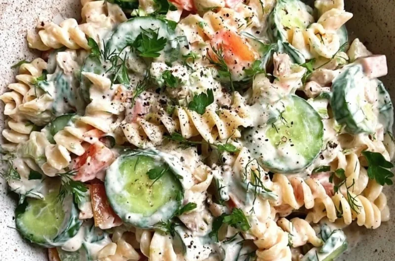 Delicious Tzatziki Pasta Salad with fresh vegetables and creamy dressing