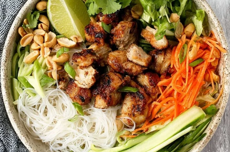 Vietnamese noodle bowl with lemongrass chicken served with fresh herbs and veggies