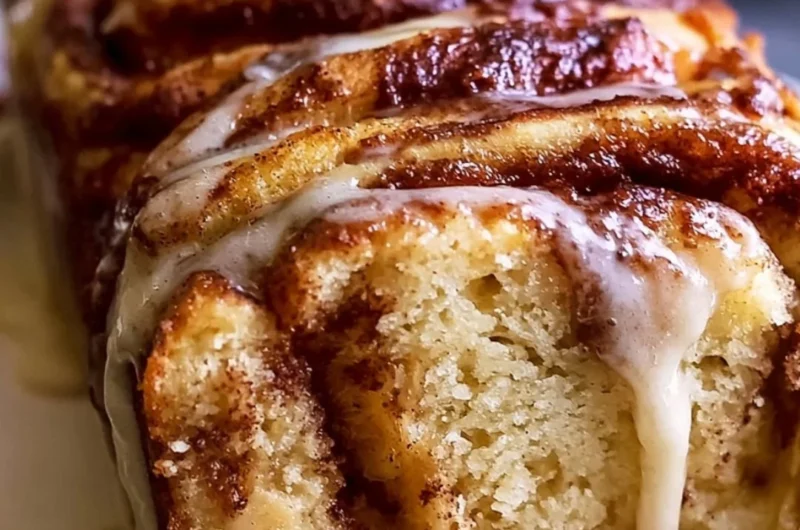 A freshly baked apple cinnamon swirl bread on a wooden cutting board.