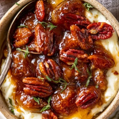 Baked feta dip topped with fig jam and pecans served in a dish