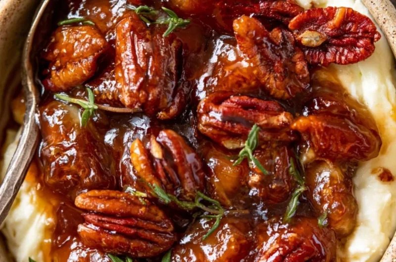 Baked feta dip topped with fig jam and pecans served in a dish