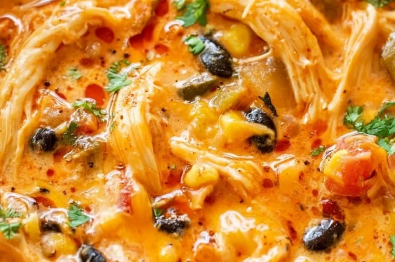 A bowl of delicious Chicken Enchilada Soup topped with cheese and cilantro.