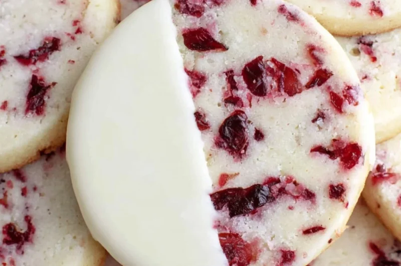 Cranberry almond shortbread cookies on a festive plate