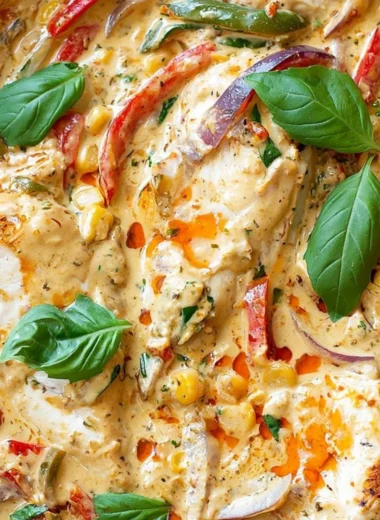 Creamy pesto chicken served with garlic pasta in a delicious creamy sauce