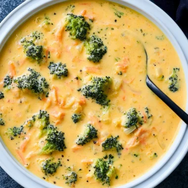 Warm bowl of homemade broccoli cheddar soup garnished with fresh herbs