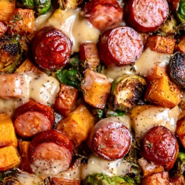 Easy one pan sausage with butternut squash and Brussels sprouts dish