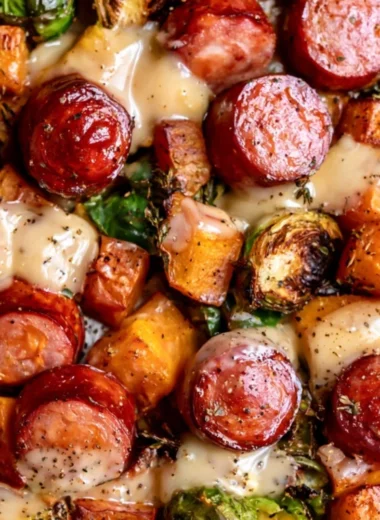 Easy one pan sausage with butternut squash and Brussels sprouts dish