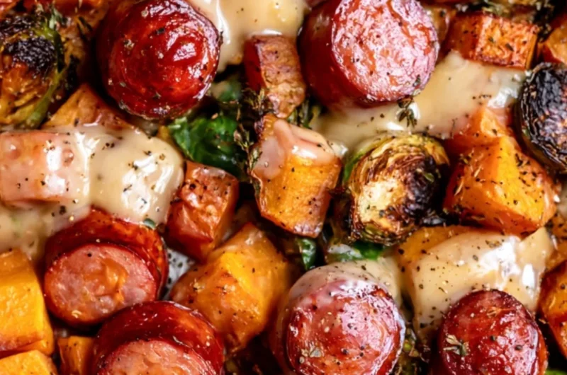 Easy one pan sausage with butternut squash and Brussels sprouts dish