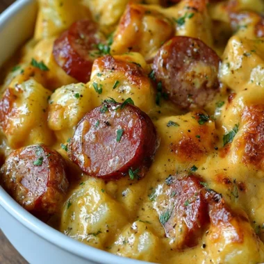 Kielbasa Sausage Cheesy Potato Casserole topped with melted cheese and herbs