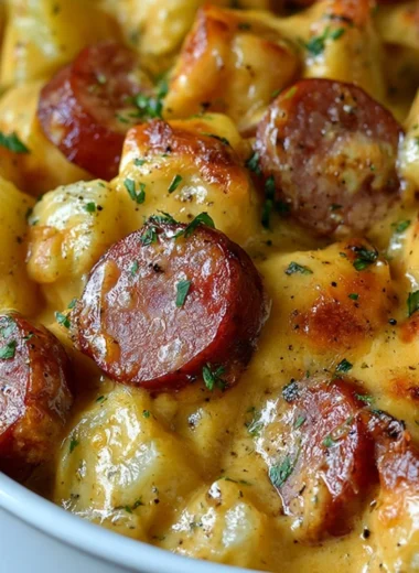 Kielbasa Sausage Cheesy Potato Casserole topped with melted cheese and herbs