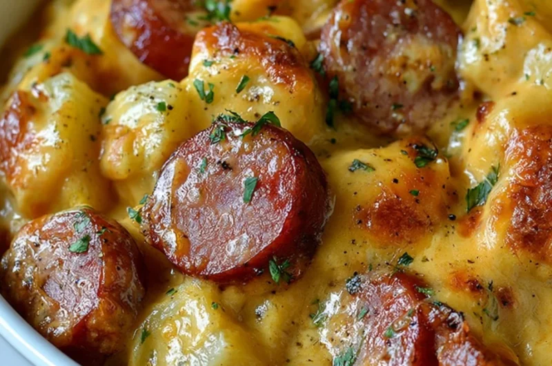 Kielbasa Sausage Cheesy Potato Casserole topped with melted cheese and herbs