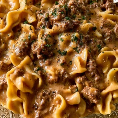 One-Pan Beef and Noodles dish ready to serve, garnished with herbs.
