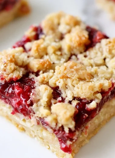 Delicious Raspberry Oatmeal Crumble Bars served on a rustic wooden table