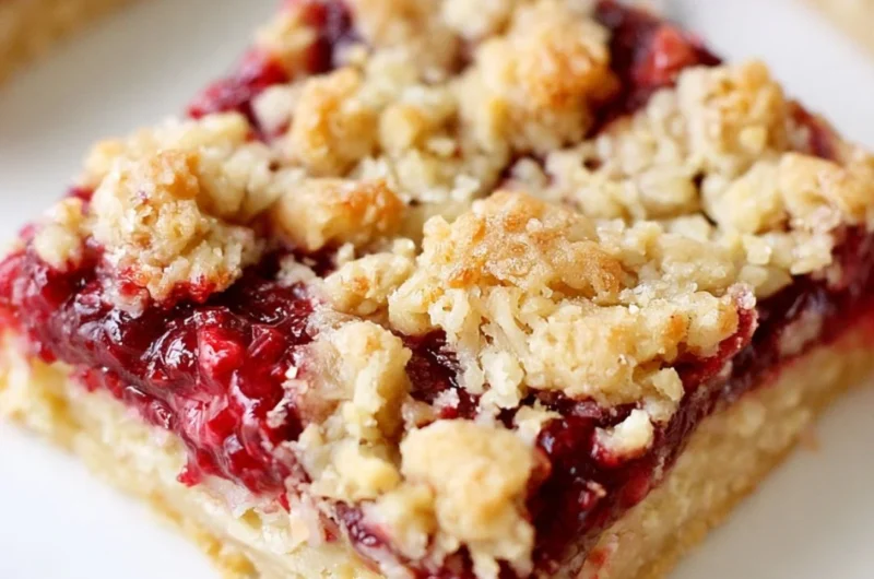Delicious Raspberry Oatmeal Crumble Bars served on a rustic wooden table