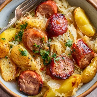 Hearty dish of Sausage, Sauerkraut, and Potatoes served on a plate