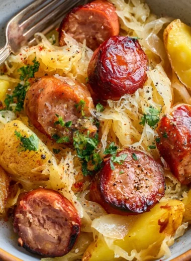 Hearty dish of Sausage, Sauerkraut, and Potatoes served on a plate