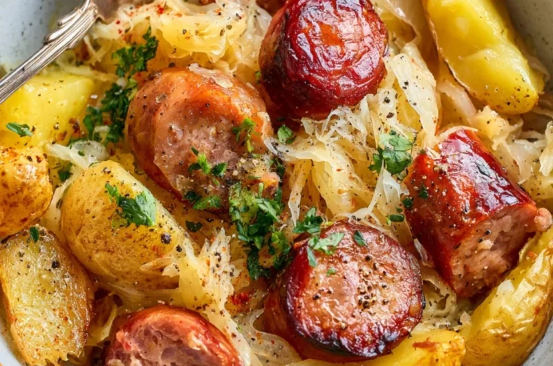 Hearty dish of Sausage, Sauerkraut, and Potatoes served on a plate