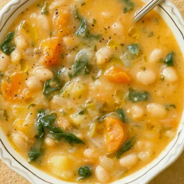 A bowl of hearty white bean soup topped with herbs and spices, perfect for comfort food.