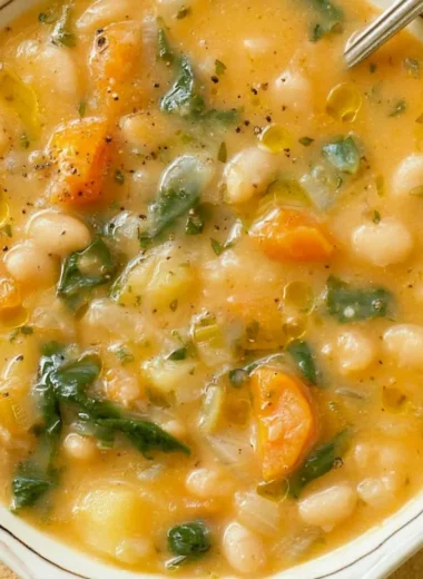 A bowl of hearty white bean soup topped with herbs and spices, perfect for comfort food.