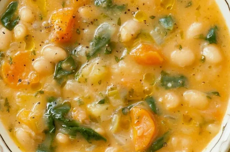 A bowl of hearty white bean soup topped with herbs and spices, perfect for comfort food.